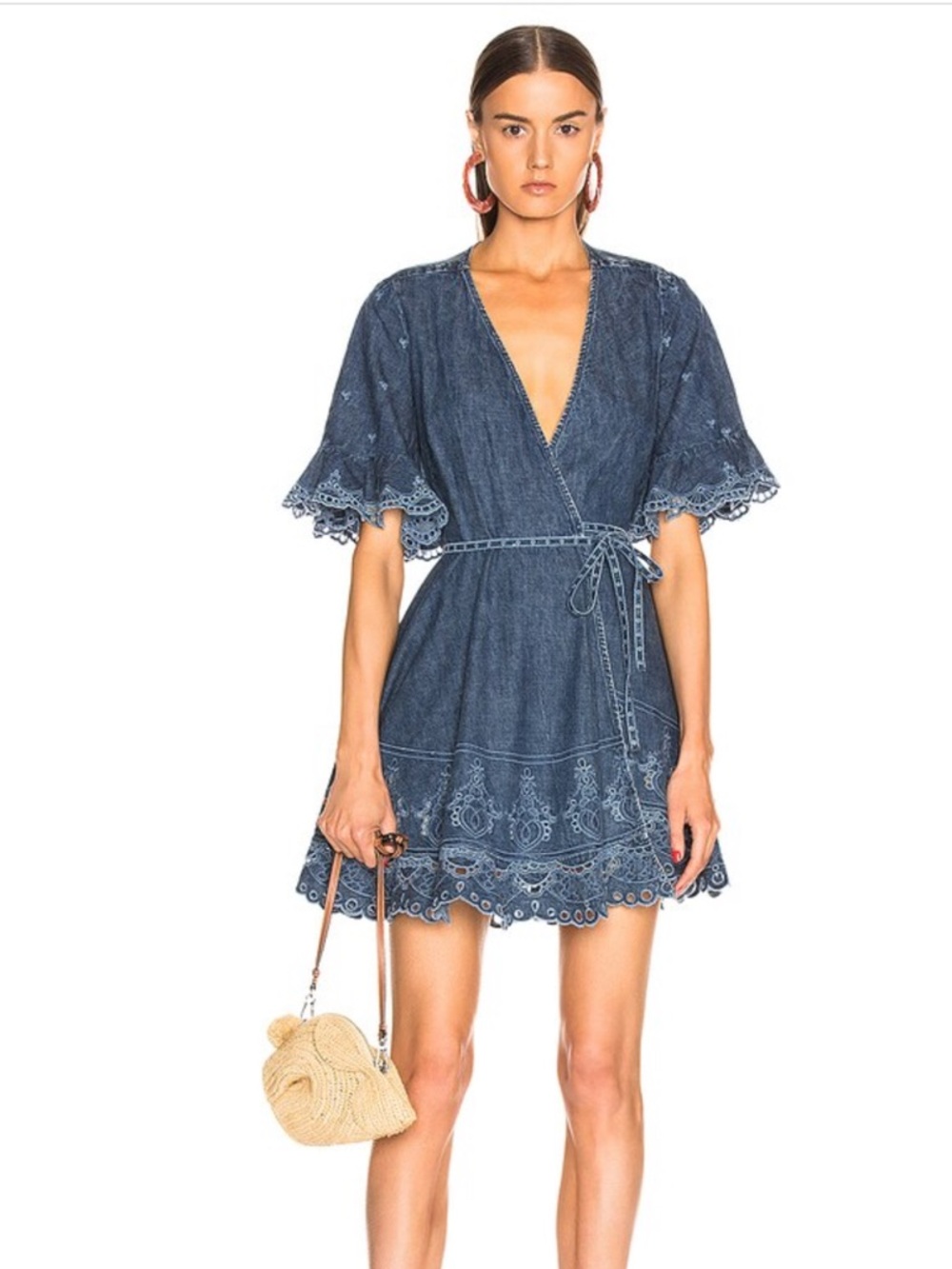 Simkhai denim eyelet embroidered wrap dress
